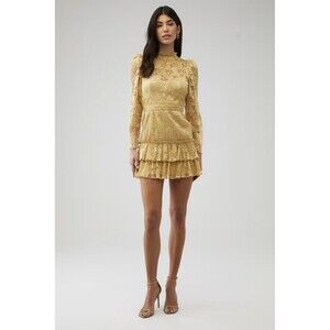 REVOLVE Saylor Adria Gold Ruffled Lace Long Sleeve Mini Dress Size Large $345